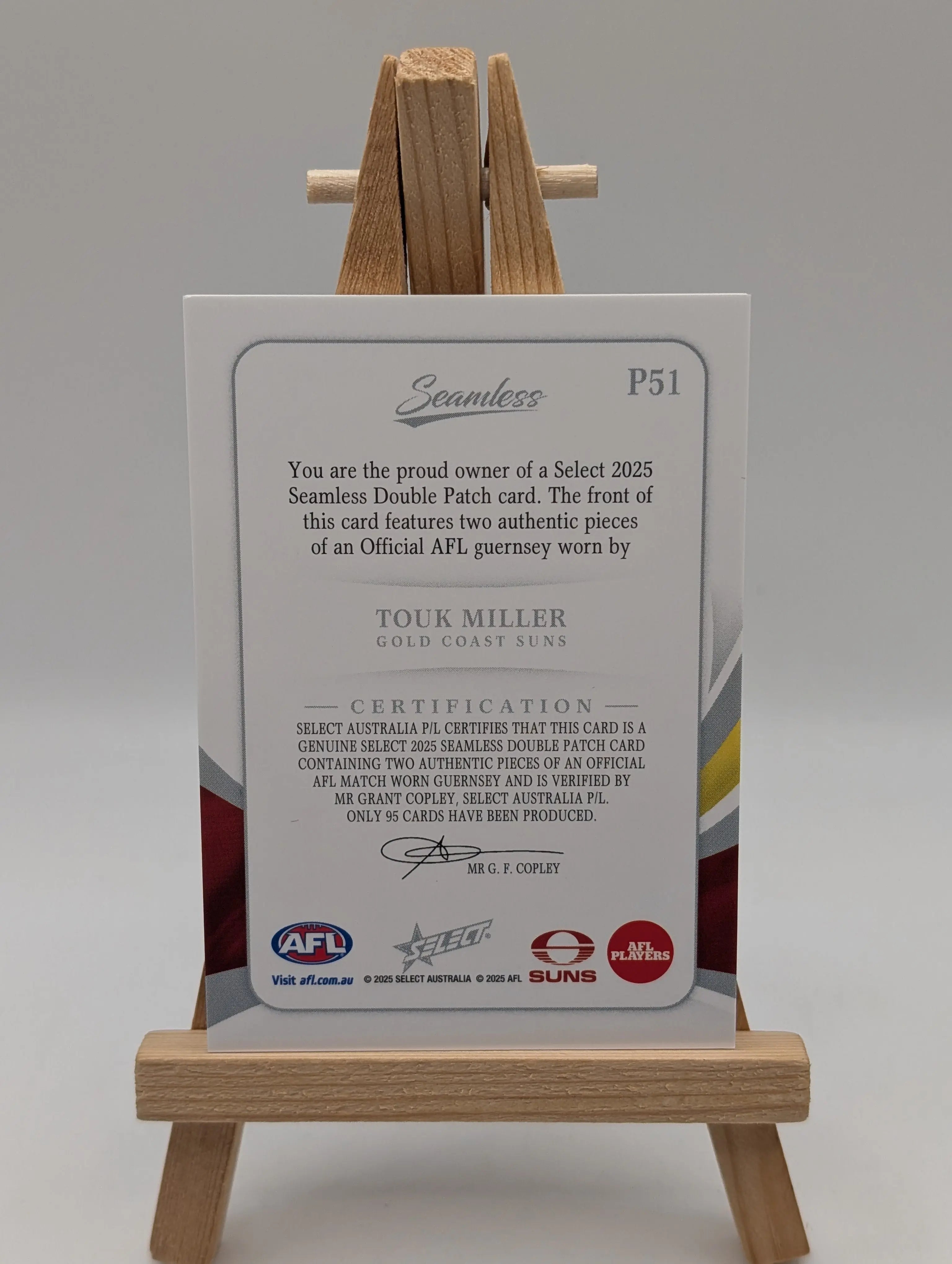 2025 Select AFL Seamless Solo Patch Touk Miller 18 /95 FRENLY BRICKS - Open 7 Days